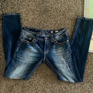 Miss Me Blue Skinny Jeans with Fading and Whiskering